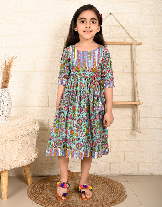 Blue Floral Half Sleeves Dress adjustable at waist