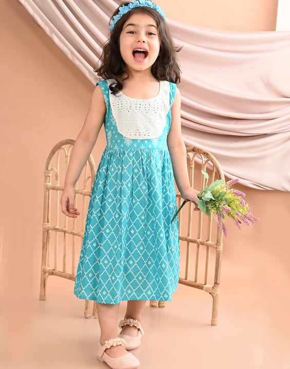 Blue Sleeveless Dress with white patchwork at neck