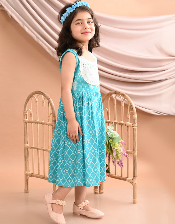 Blue Sleeveless Dress with white patchwork at neck
