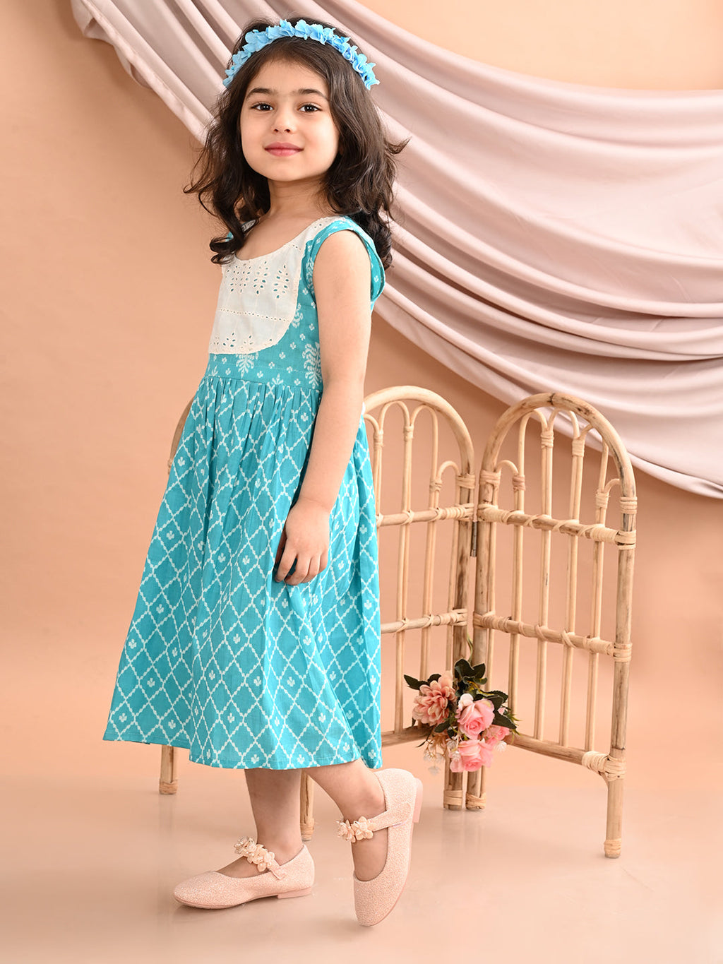 Blue Sleeveless Dress with white patchwork at neck