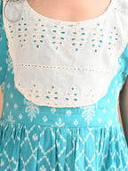 Blue Sleeveless Dress with white patchwork at neck