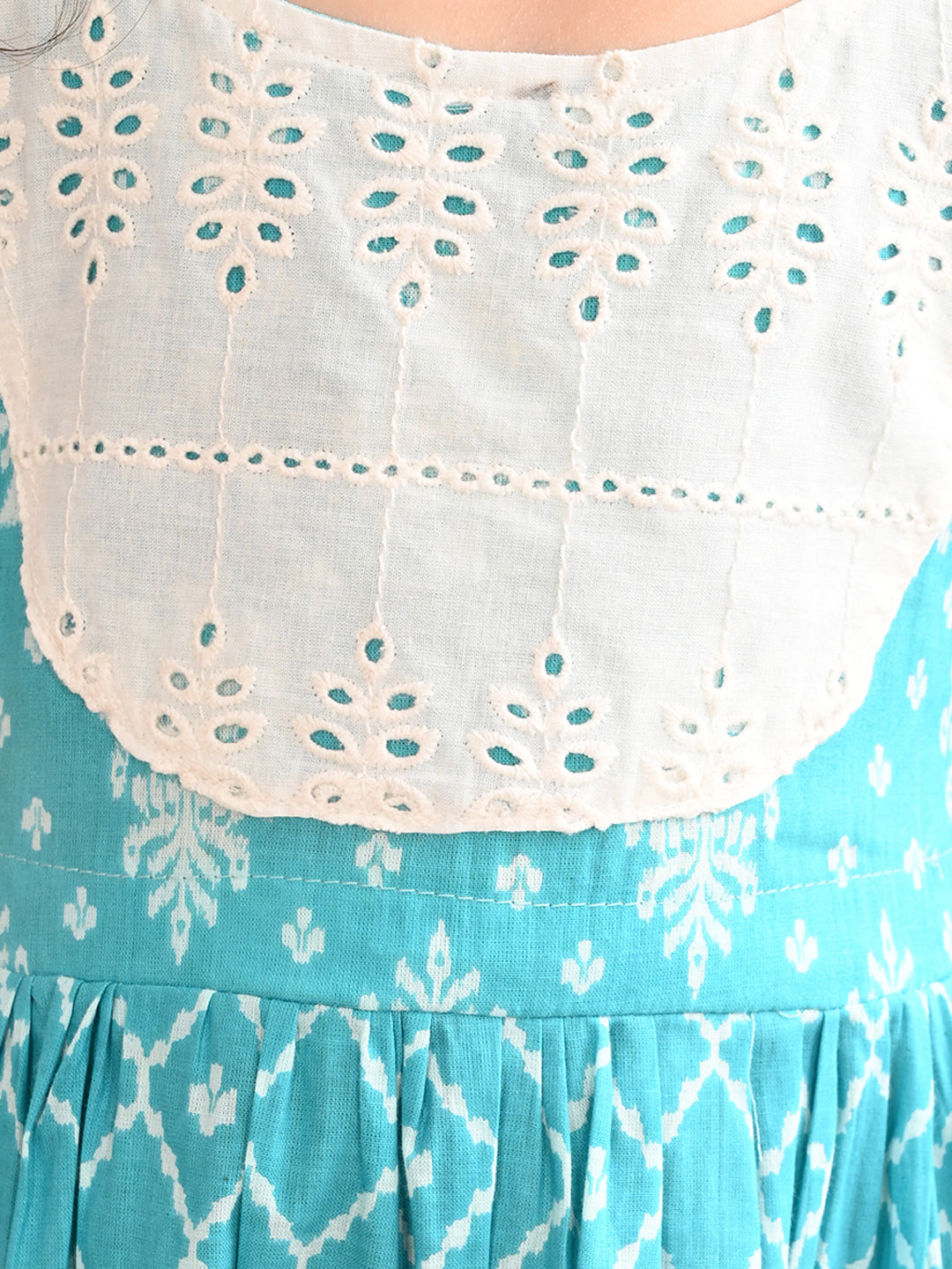 Blue Sleeveless Dress with white patchwork at neck