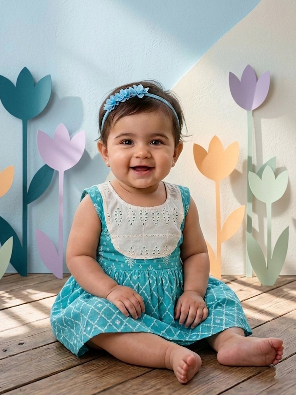 Blue Sleeveless Dress with white patchwork at neck