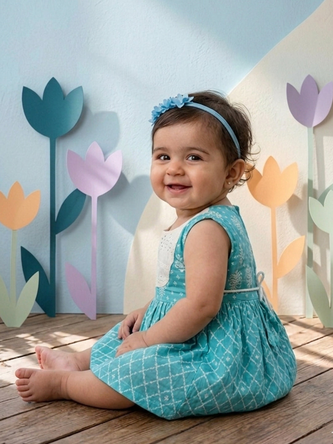 Blue Sleeveless Dress with white patchwork at neck