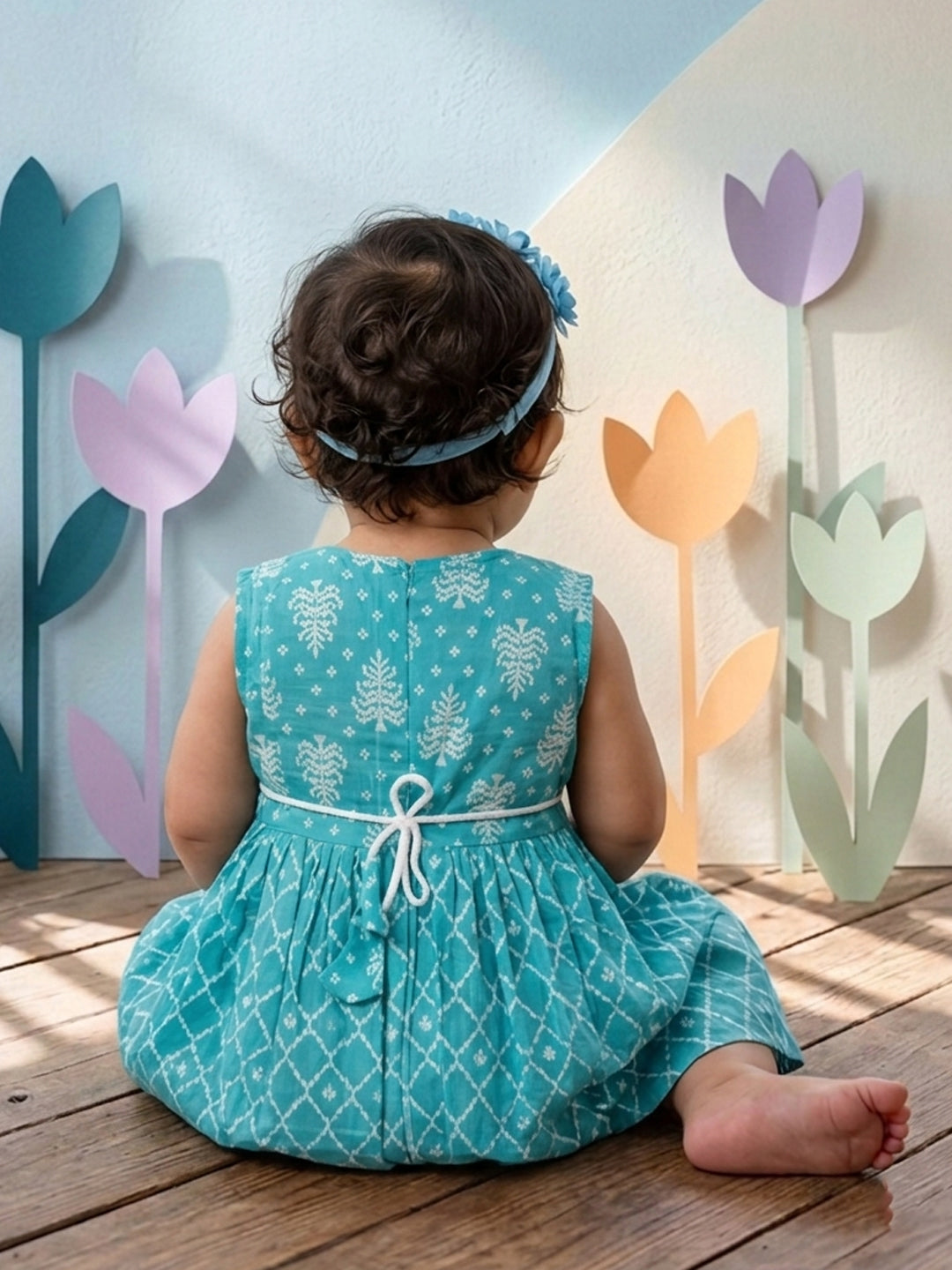 Blue Sleeveless Dress with white patchwork at neck