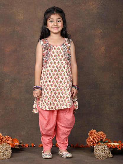 Peach Floral Printed sleeveless Kurti  paired with peach Dhoti