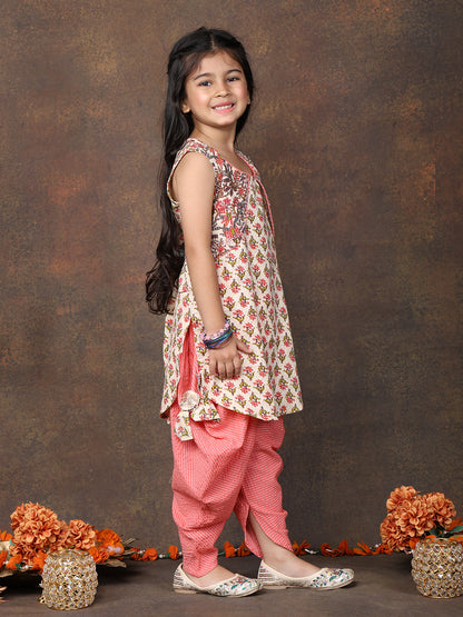 Peach Floral Printed sleeveless Kurti  paired with peach Dhoti