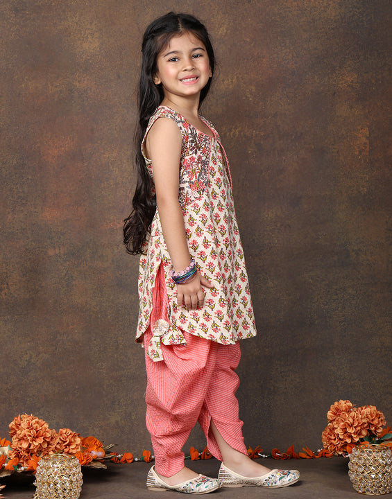 Peach Floral Printed sleeveless Kurti  paired with peach Dhoti