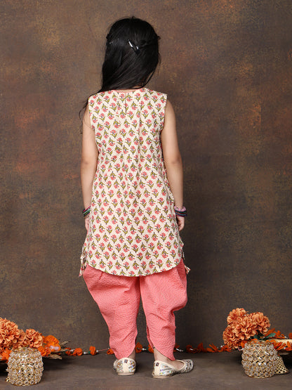 Peach Floral Printed sleeveless Kurti  paired with peach Dhoti