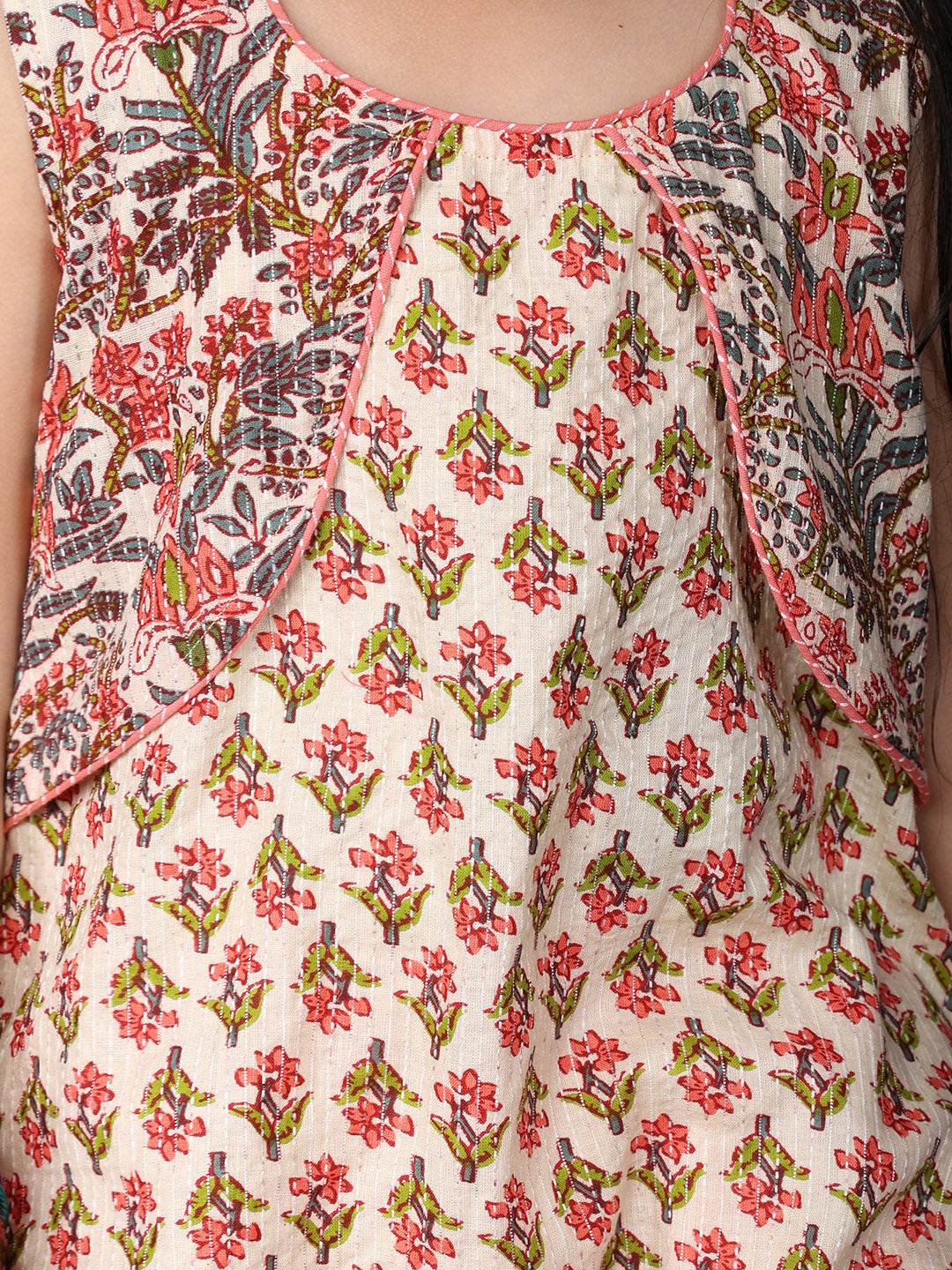 Peach Floral Printed sleeveless Kurti  paired with peach Dhoti
