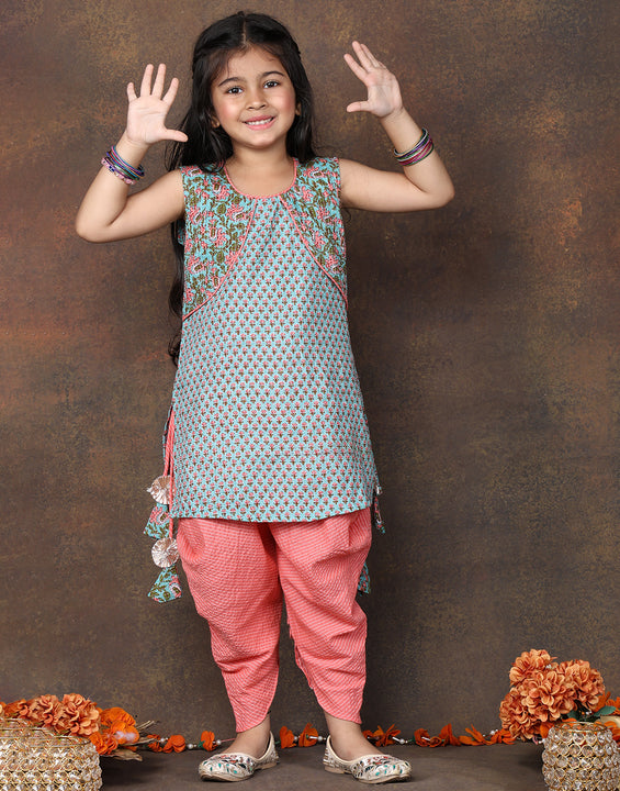 Blue Floral Printed sleeveless Kurti  paired with peach Dhoti