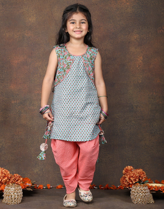 Blue Floral Printed sleeveless Kurti  paired with peach Dhoti
