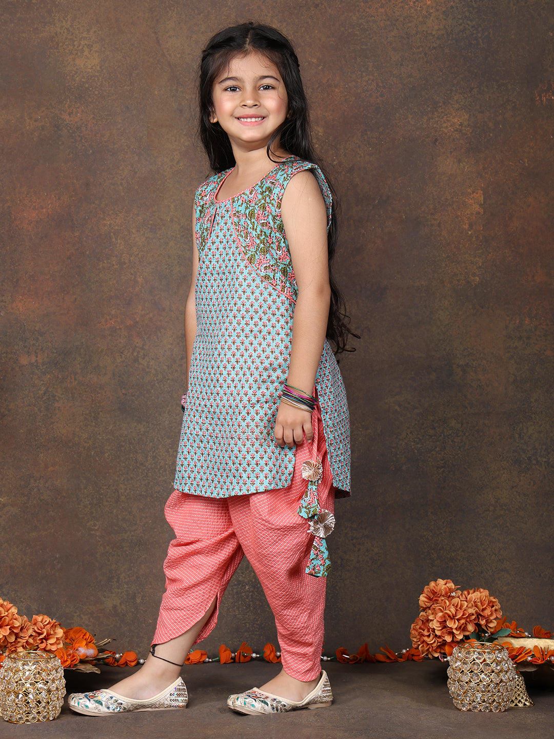 Blue Floral Printed sleeveless Kurti  paired with peach Dhoti