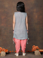 Blue Floral Printed sleeveless Kurti  paired with peach Dhoti