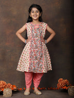 Peach Floral Printed angrakha style sleeveless Kurti  paired with peach Dhoti