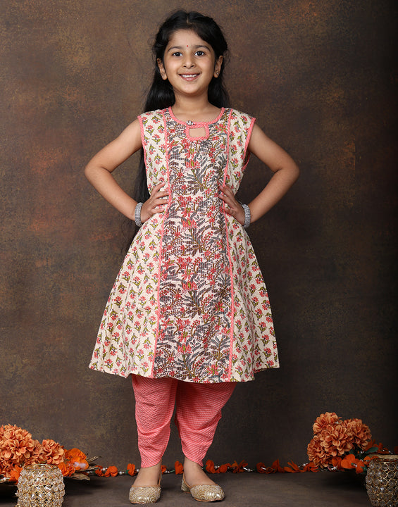 Peach Floral Printed angrakha style sleeveless Kurti  paired with peach Dhoti