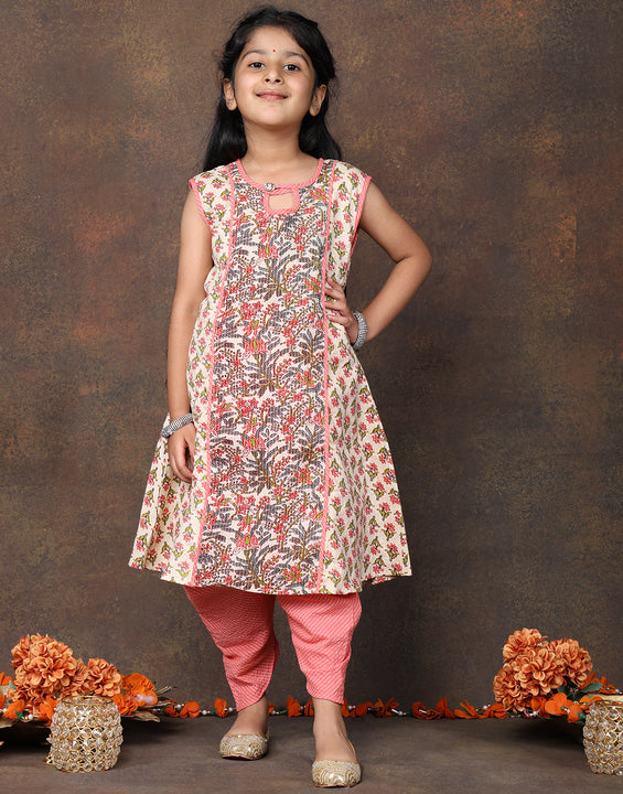 Peach Floral Printed angrakha style sleeveless Kurti  paired with peach Dhoti