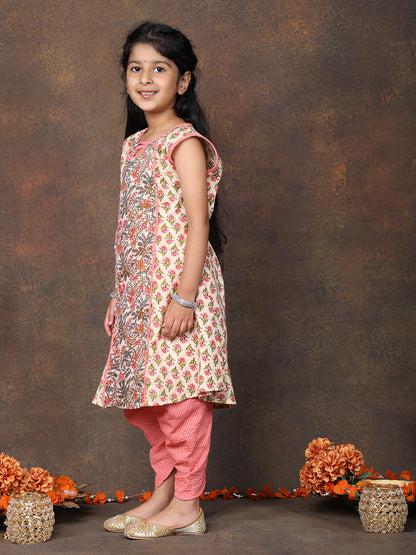 Peach Floral Printed angrakha style sleeveless Kurti  paired with peach Dhoti