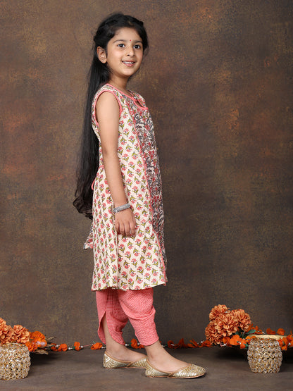 Peach Floral Printed angrakha style sleeveless Kurti  paired with peach Dhoti