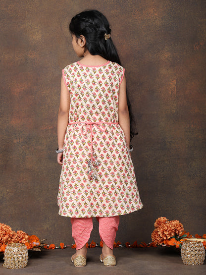 Peach Floral Printed angrakha style sleeveless Kurti  paired with peach Dhoti