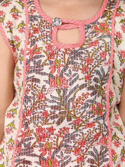 Peach Floral Printed angrakha style sleeveless Kurti  paired with peach Dhoti