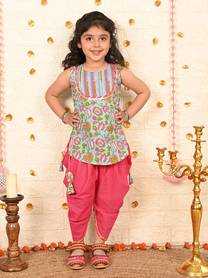 Blue Floral printed Kurti with pink katha dhoti