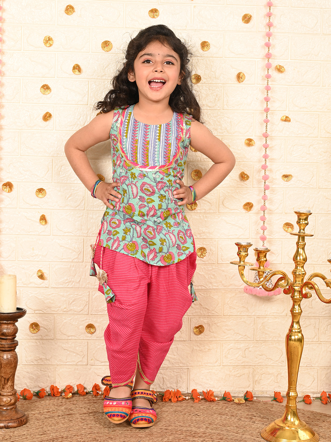 Blue Floral printed Kurti with pink katha dhoti