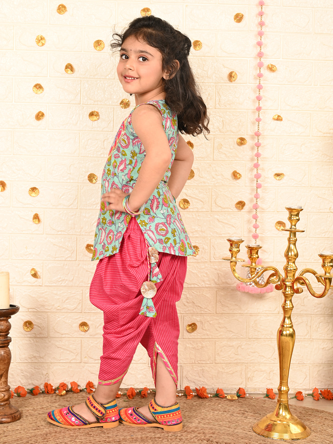 Blue Floral printed Kurti with pink katha dhoti