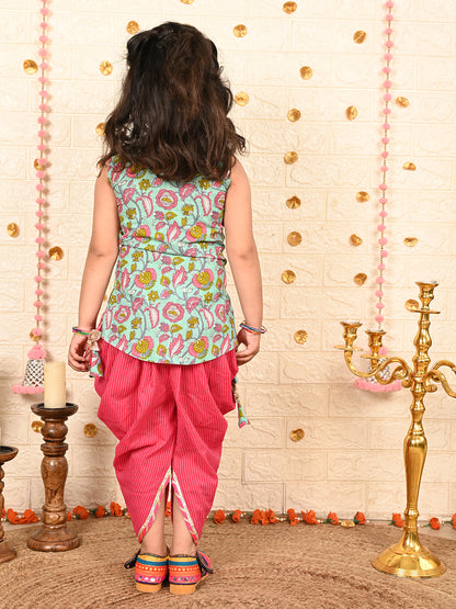 Blue Floral printed Kurti with pink katha dhoti