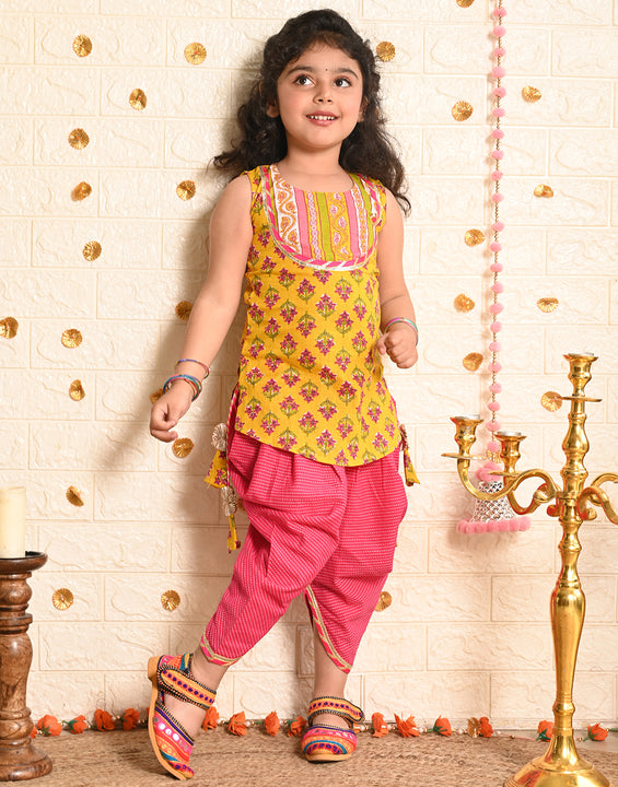 Yellow Floral printed Kurti with pink katha dhoti