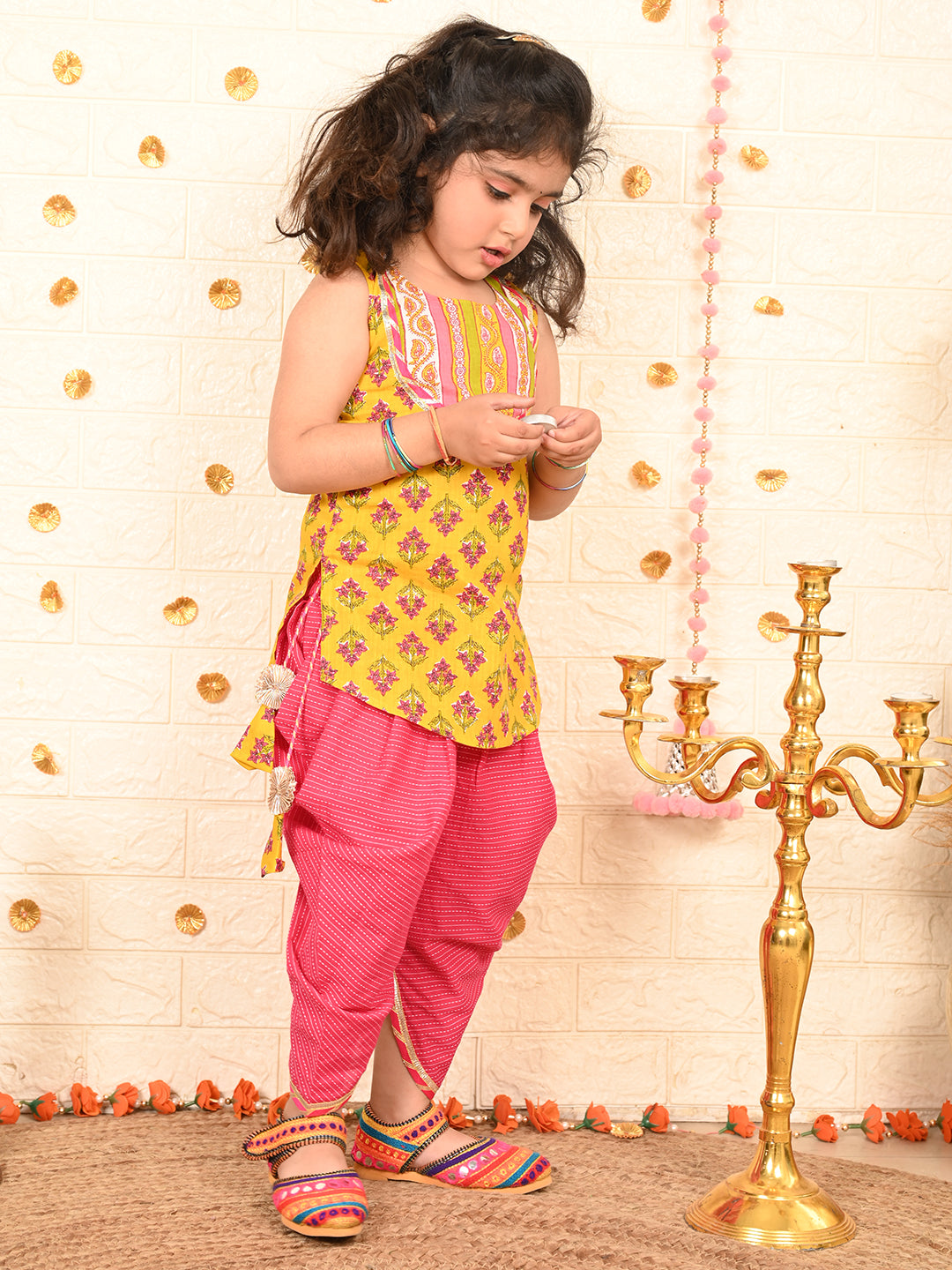 Yellow Floral printed Kurti with pink katha dhoti