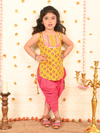 Yellow Floral printed Kurti with pink katha dhoti