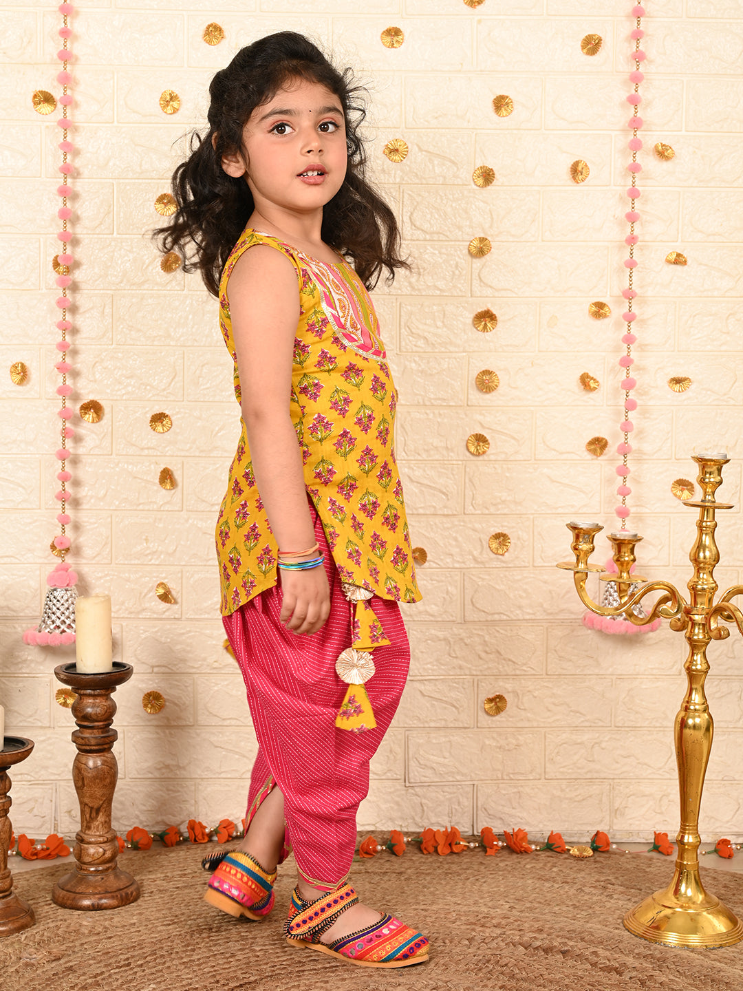 Yellow Floral printed Kurti with pink katha dhoti