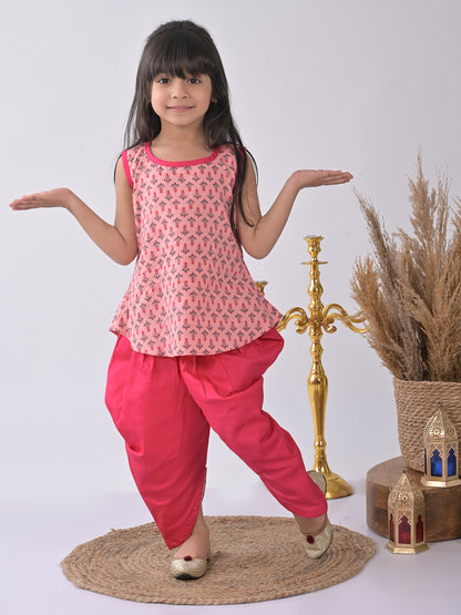 Pink printed katha Kurti with pink dhoti