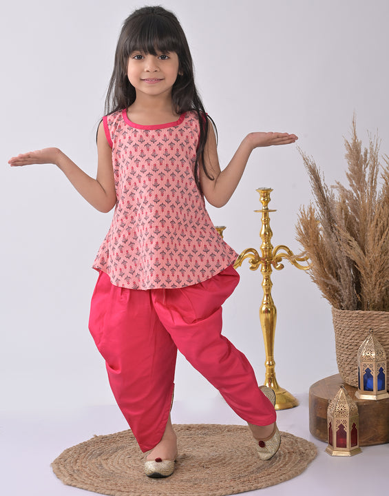 Pink printed katha Kurti with pink dhoti