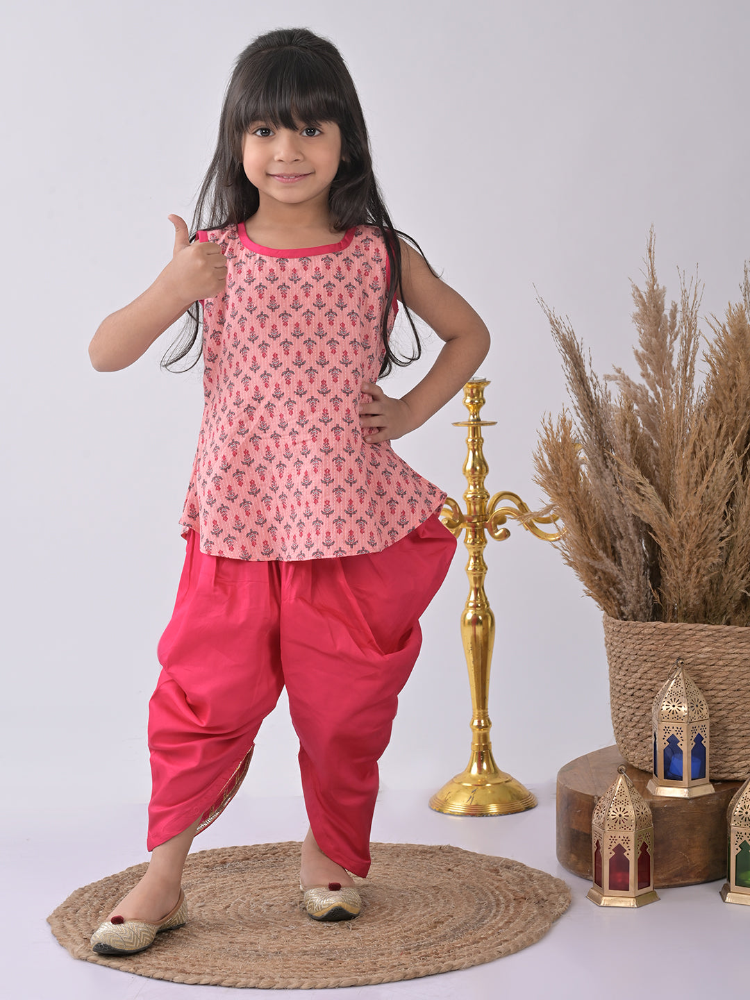 Pink printed katha Kurti with pink dhoti