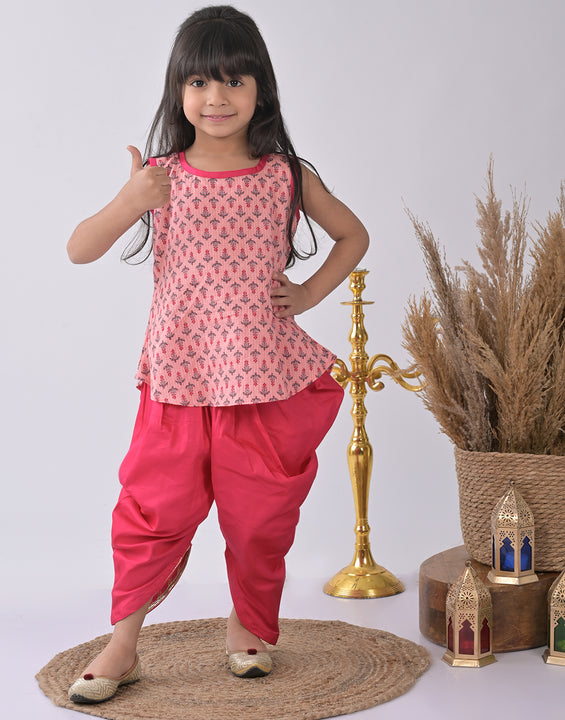 Pink printed katha Kurti with pink dhoti