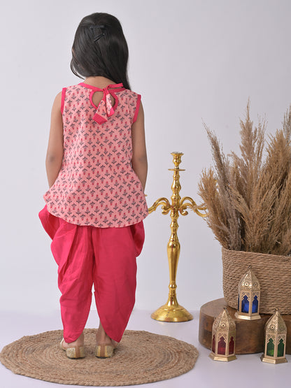 Pink printed katha Kurti with pink dhoti