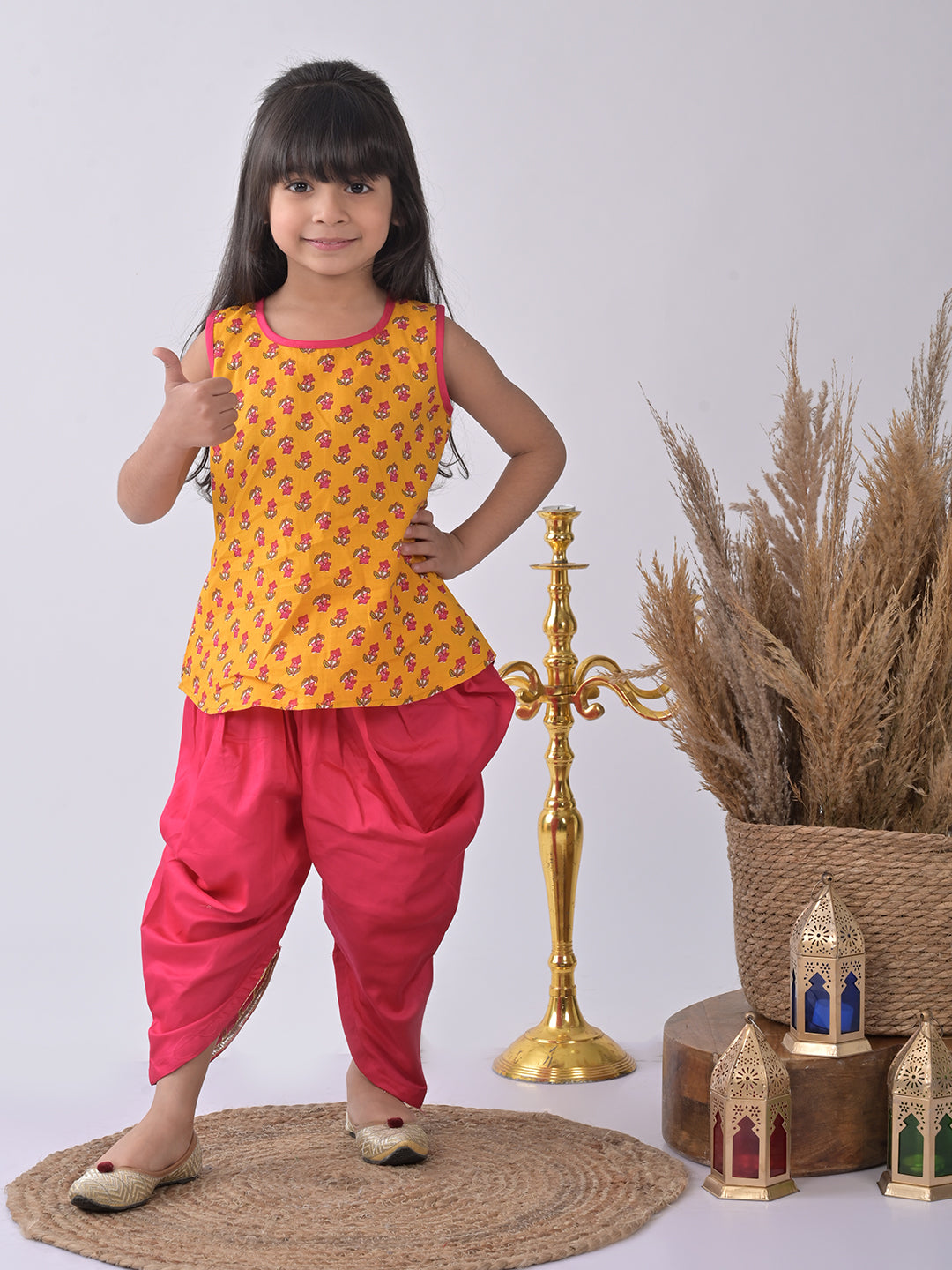 Yellow Floral printed Kurti with pink dhoti