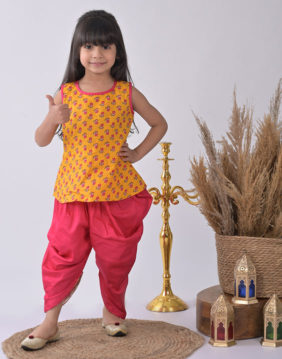 Yellow Floral printed Kurti with pink dhoti