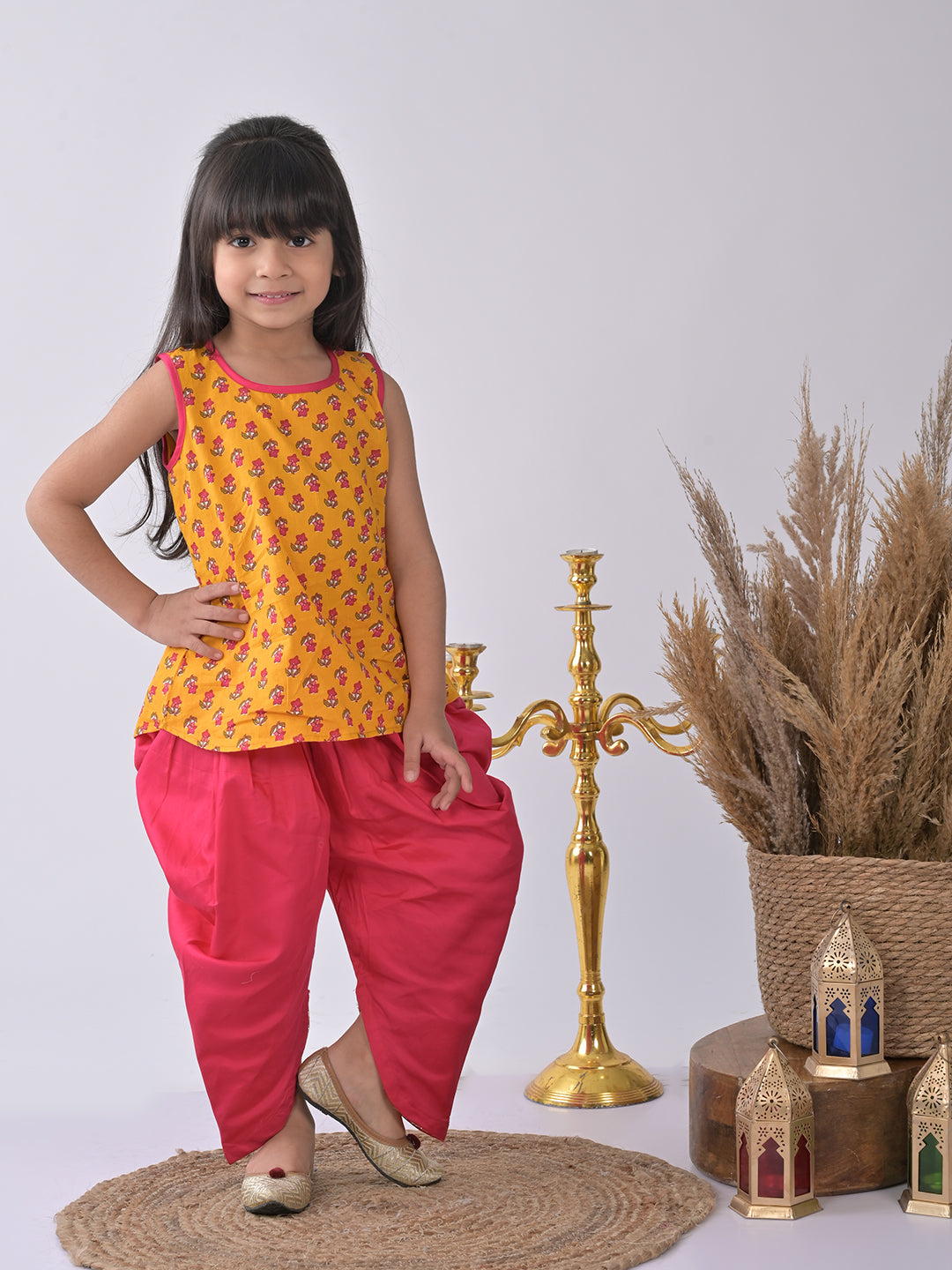 Yellow Floral printed Kurti with pink dhoti