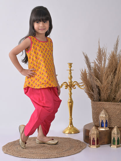 Yellow Floral printed Kurti with pink dhoti