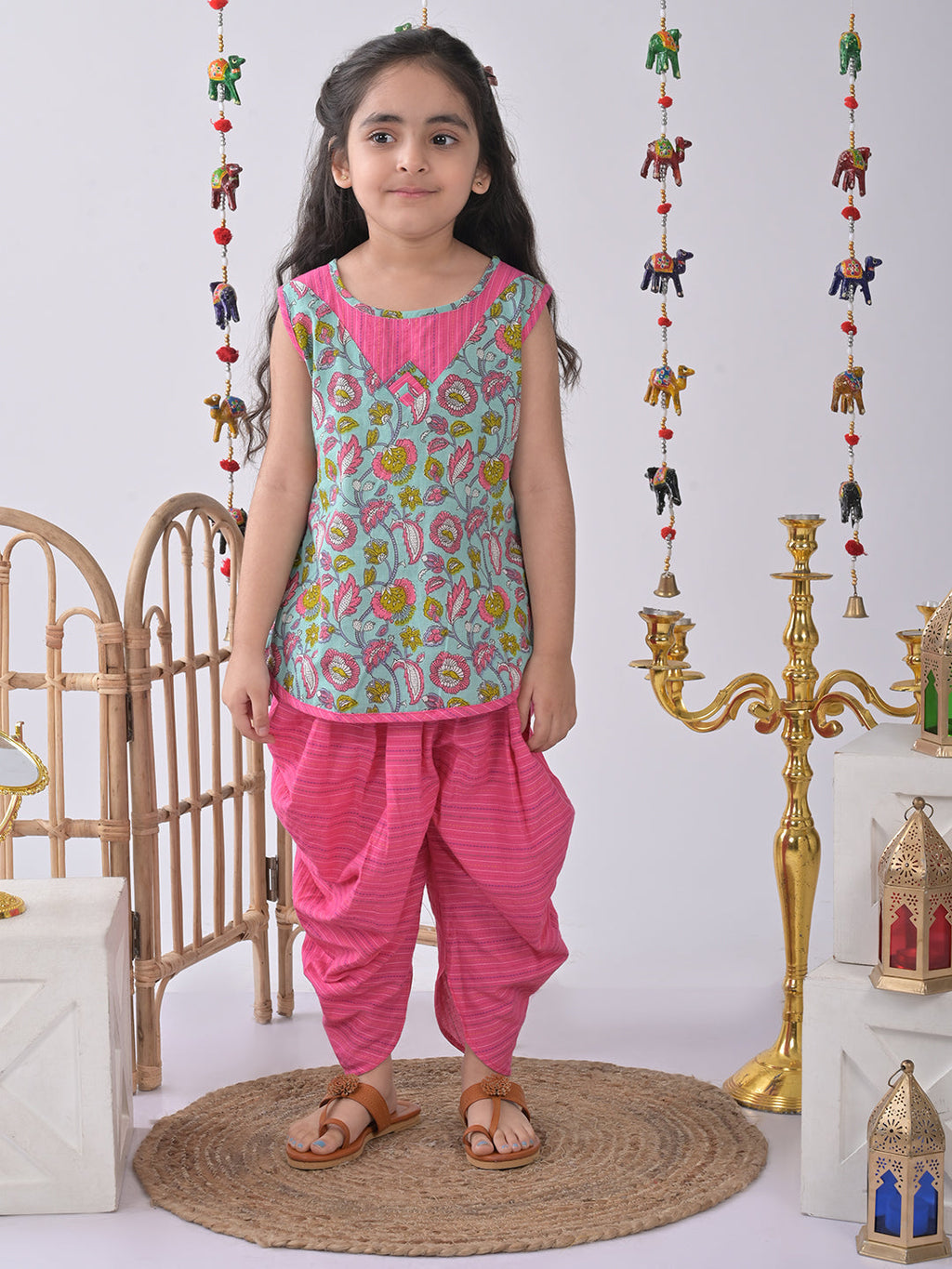 Blue Flora Kurti with pink dhoti