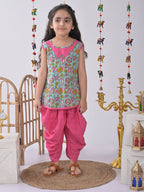 Blue Flora Kurti with pink dhoti