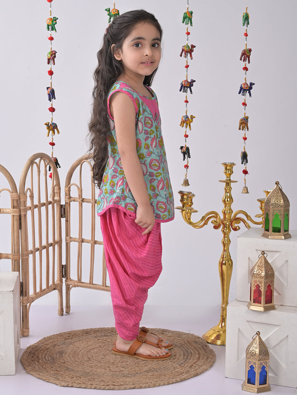 Blue Flora Kurti with pink dhoti