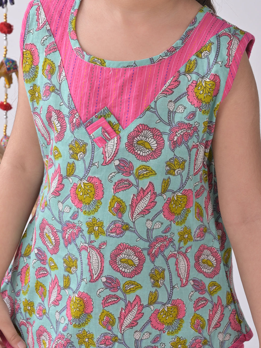 Blue Flora Kurti with pink dhoti
