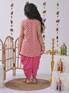 Pink printed katha Kurti with pink katha dhoti