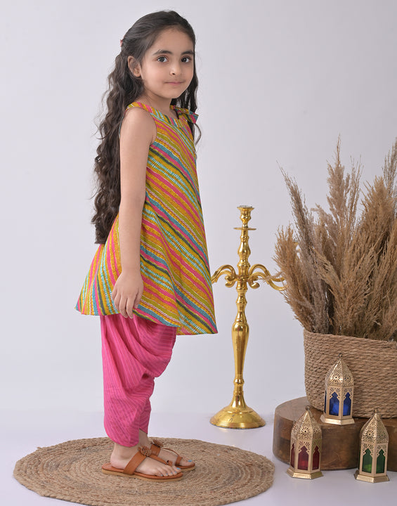 Multi Printed Kurti with pink katha dhoti