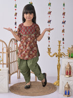 Maroon Printed Kurti with green katha dhoti