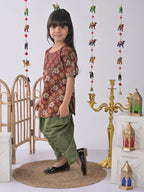 Maroon Printed Kurti with green katha dhoti